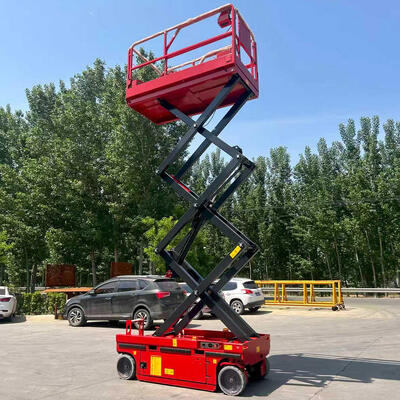 Plataforma elevadora de tijera hidráulica autopropulsada roja pequeña de 10 m y 320 kg